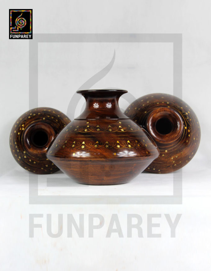 Wooden Vessel Set With Brass Work