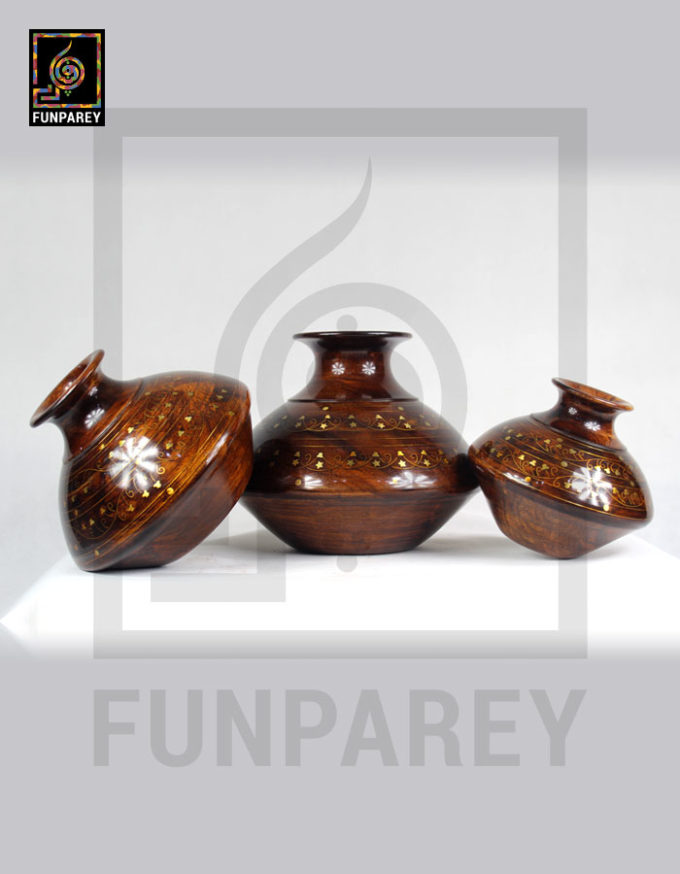 Wooden Vessel Set With Brass Work