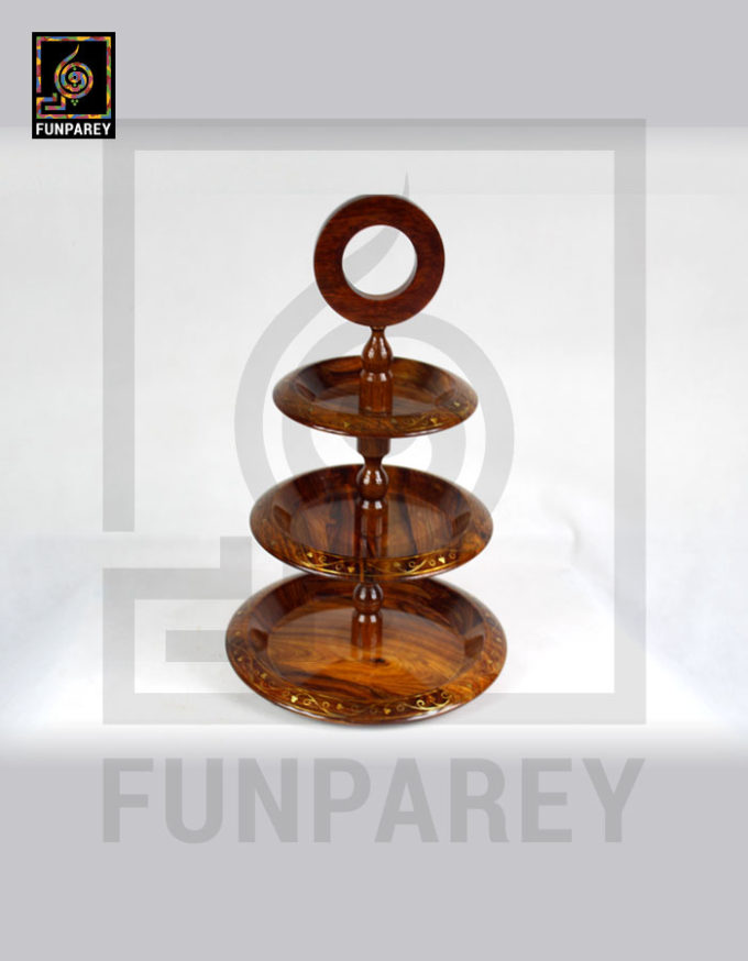 3 Tiered Round Wooden Cake Stand With Brass Work