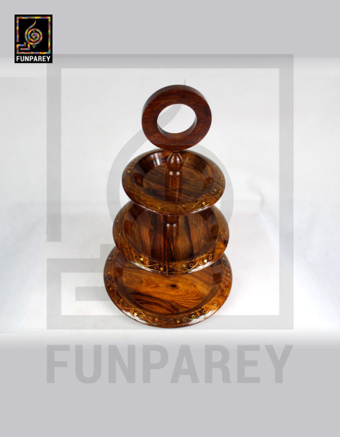 3 Tiered Round Wooden Cake Stand With Brass Work