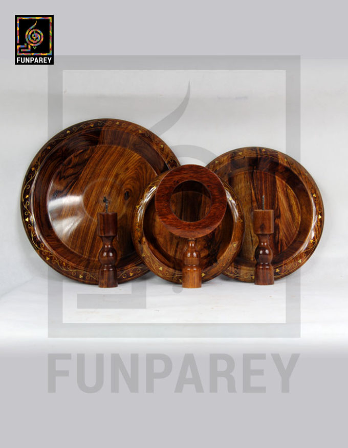 3 Tiered Round Wooden Cake Stand With Brass Work