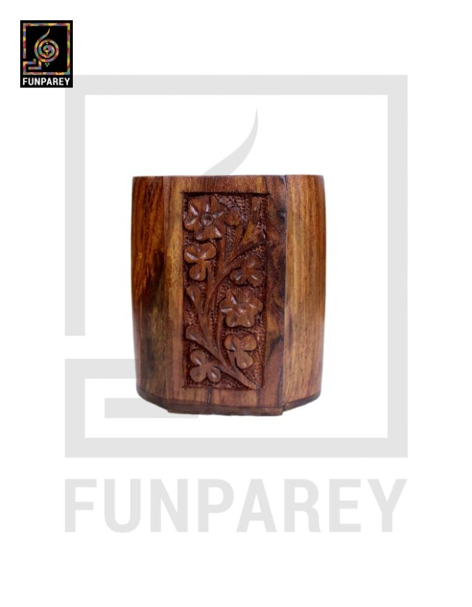 Hand Carved Oblong Shaped Wooden Accessory Jar - Image 4
