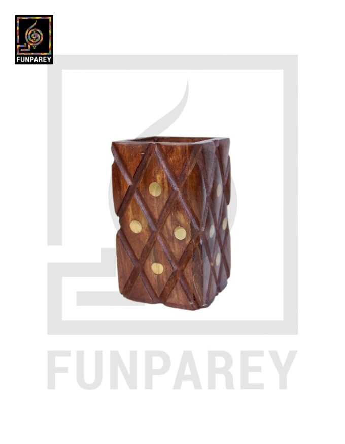 Hand Carved Square Shaped Wooden Accessory jar with Brass Work - Image 4