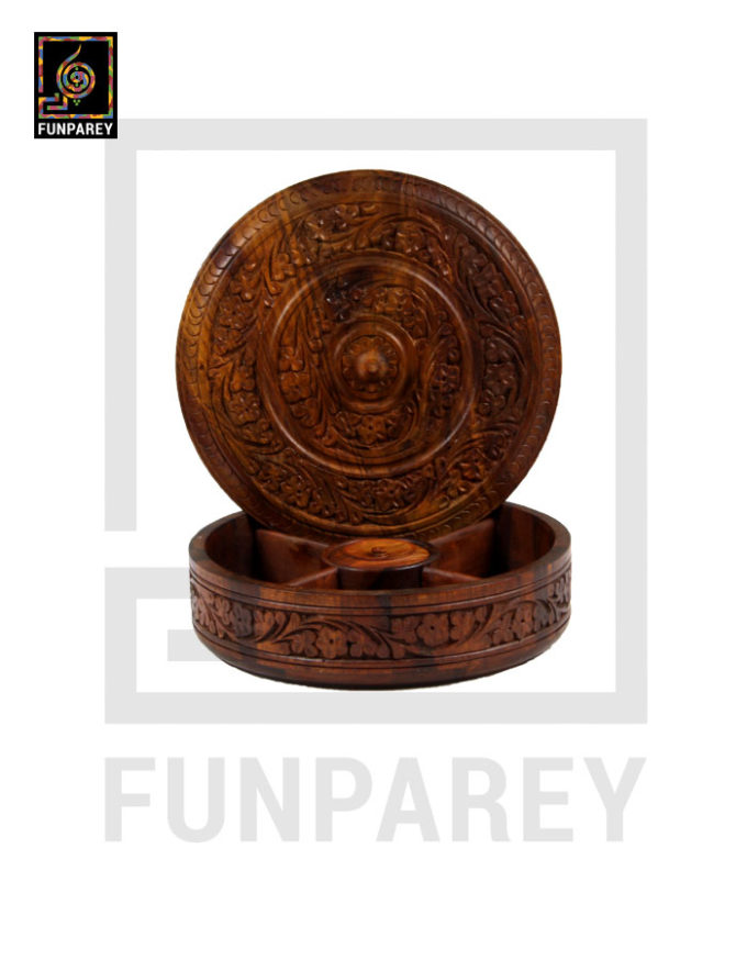 10 inch Hand Carved Wooden Dry Fruit Bowl With Compartments