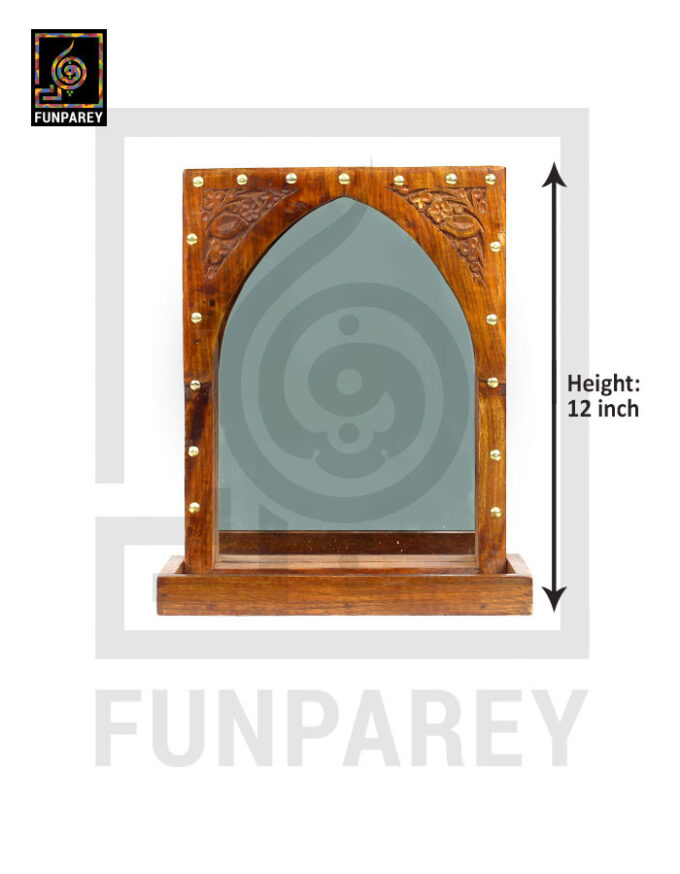 Handmade Wooden Wall Hanging Mirror 12" with Brass Work - Image 3