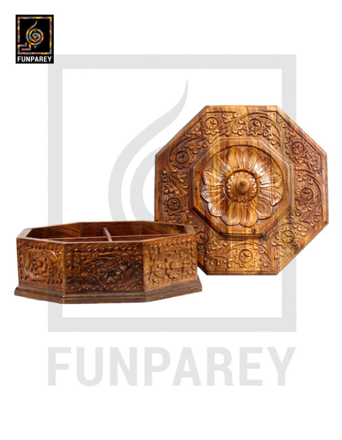 8 Sided 12" Wooden Dry Fruit Bowl With Compartments - Image 3