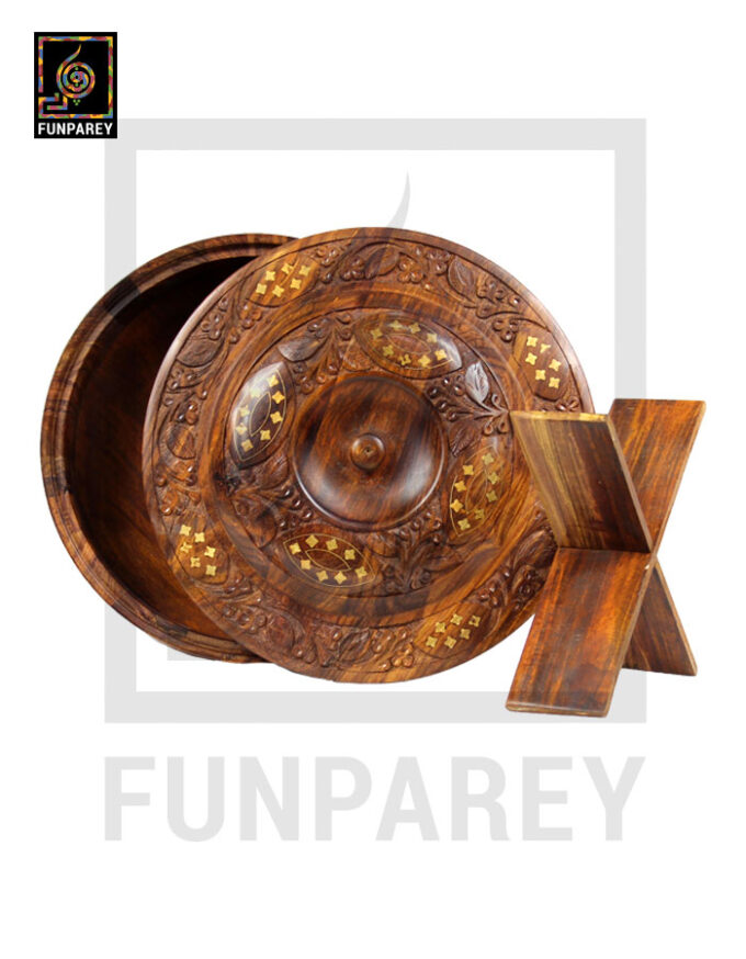 Hand Carved Wooden Hot Pot 12" With Brass Work and Partition Maker - Image 6
