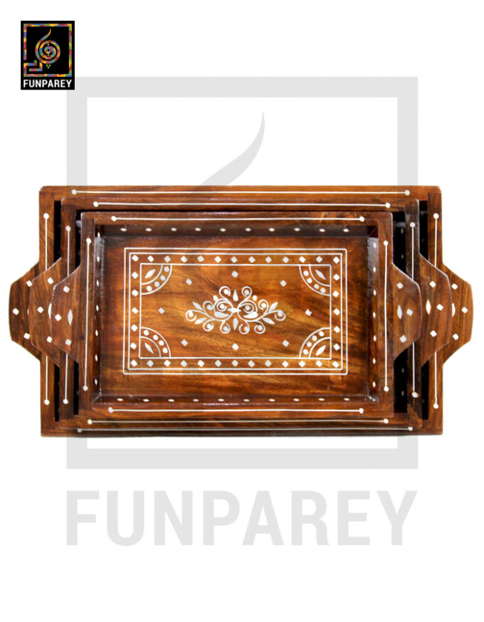 Handmade Wooden Tray Set With White Plastic Work (3 Trays) - Image 5