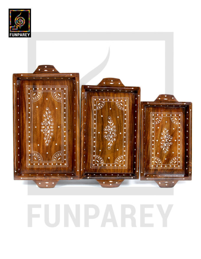 Handmade Wooden Tray Set With White Plastic Work (3 Trays) - Image 3