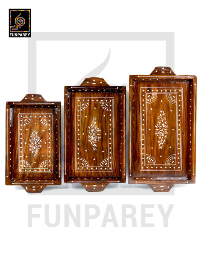 Handmade Wooden Tray Set With White Plastic Work (3 Trays)