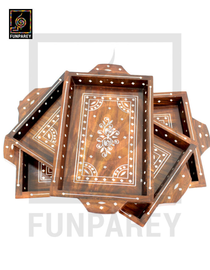 Handmade Wooden Tray Set With White Plastic Work (3 Trays) - Image 4