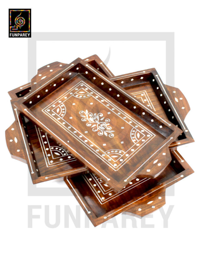 Handmade Wooden Tray Set With White Plastic Work (3 Trays) - Image 2