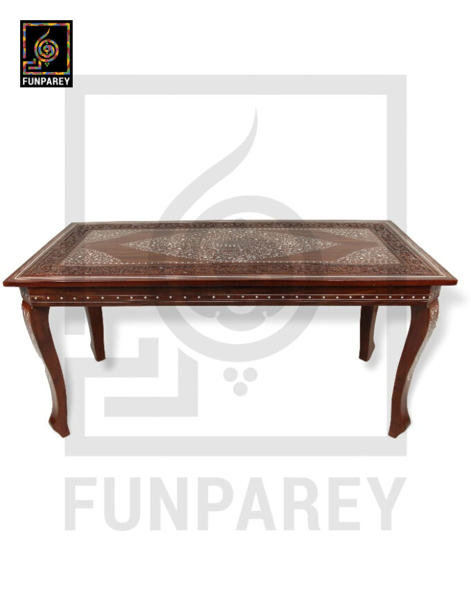 Antique Center Table With Carving and White Fiber Work 42x20" - Image 7