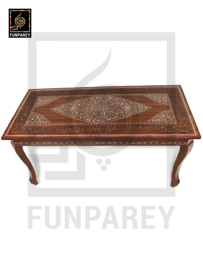 Antique Center Table With Carving and White Fiber Work 42x20" - Image 10