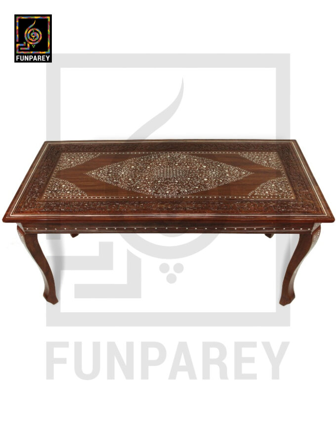 Antique Center Table With Carving and White Fiber Work 42x20" - Image 2