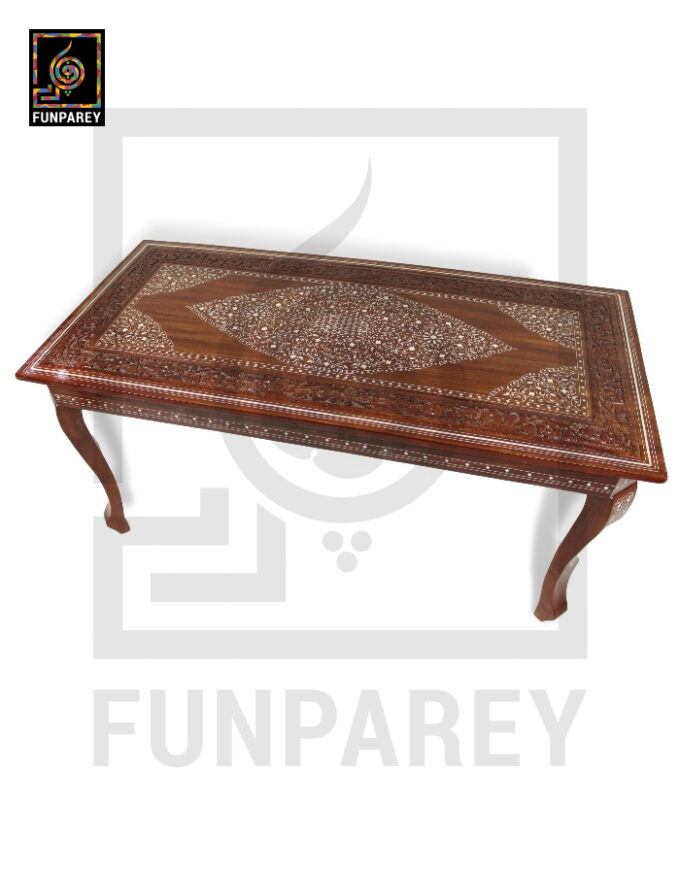 Antique Center Table With Carving and White Fiber Work 42x20" - Image 4