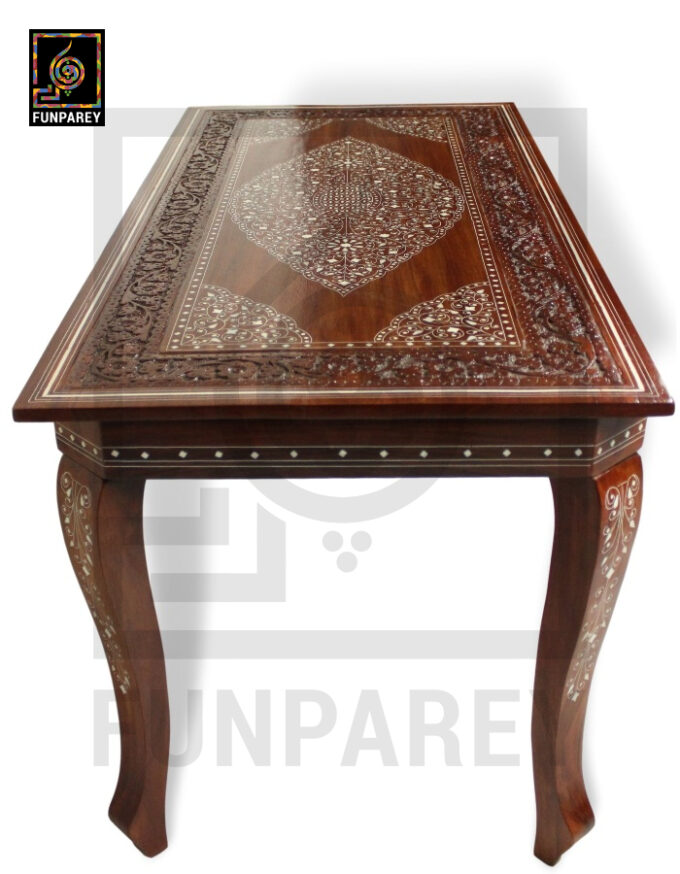 Antique Center Table With Carving and White Fiber Work 42x20" - Image 8