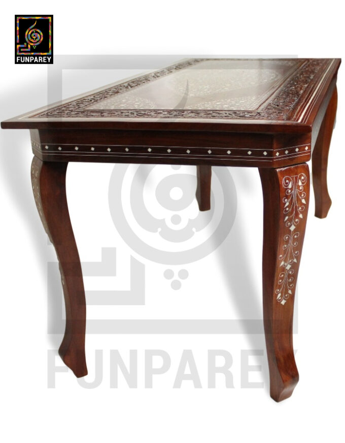 Antique Center Table With Carving and White Fiber Work 42x20" - Image 9