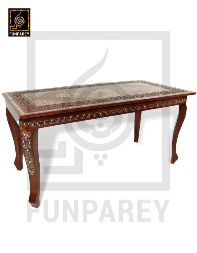 Antique Center Table With Carving and White Fiber Work 42x20" - Image 6
