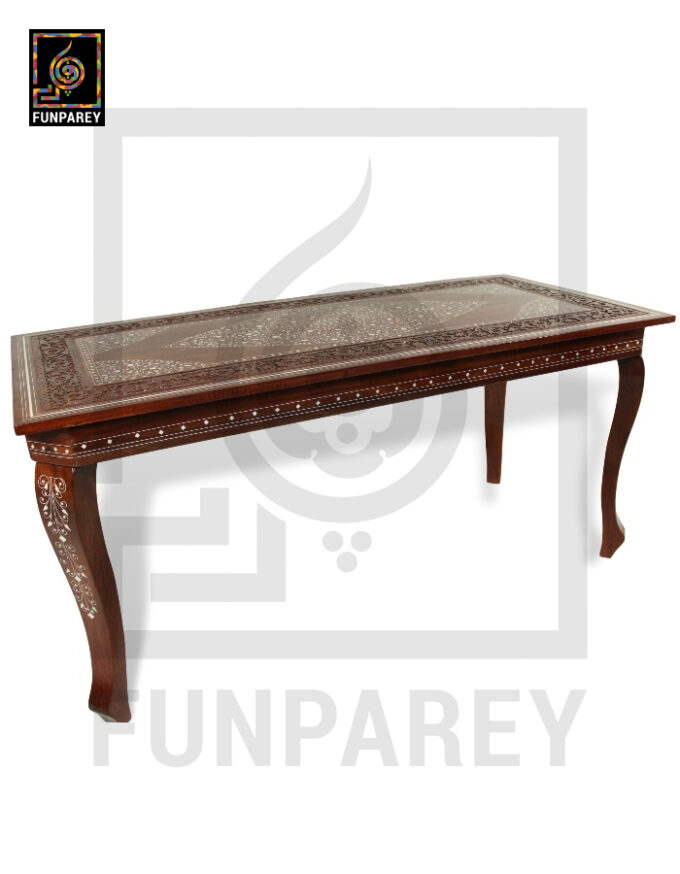 Antique Center Table With Carving and White Fiber Work 42x20" - Image 3