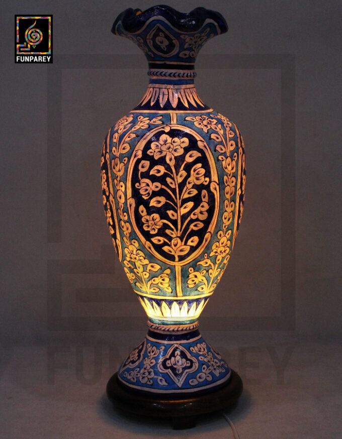 Camel Skin Vase Lamp 24" Azure Floral Motif - Image 2
