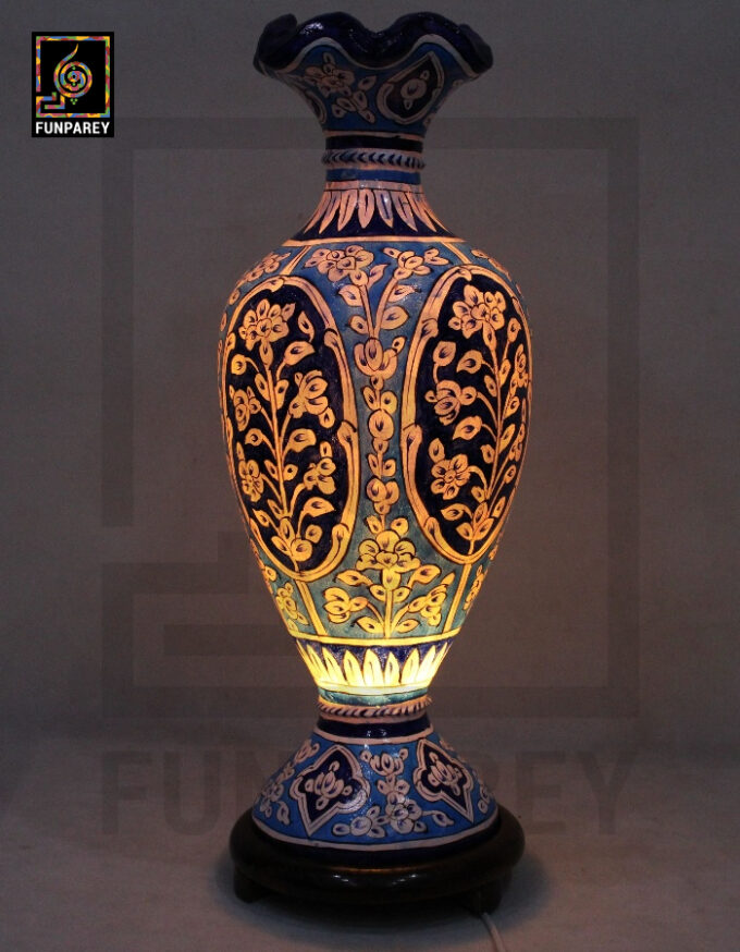 Camel Skin Vase Lamp 24" Azure Floral Motif - Image 4