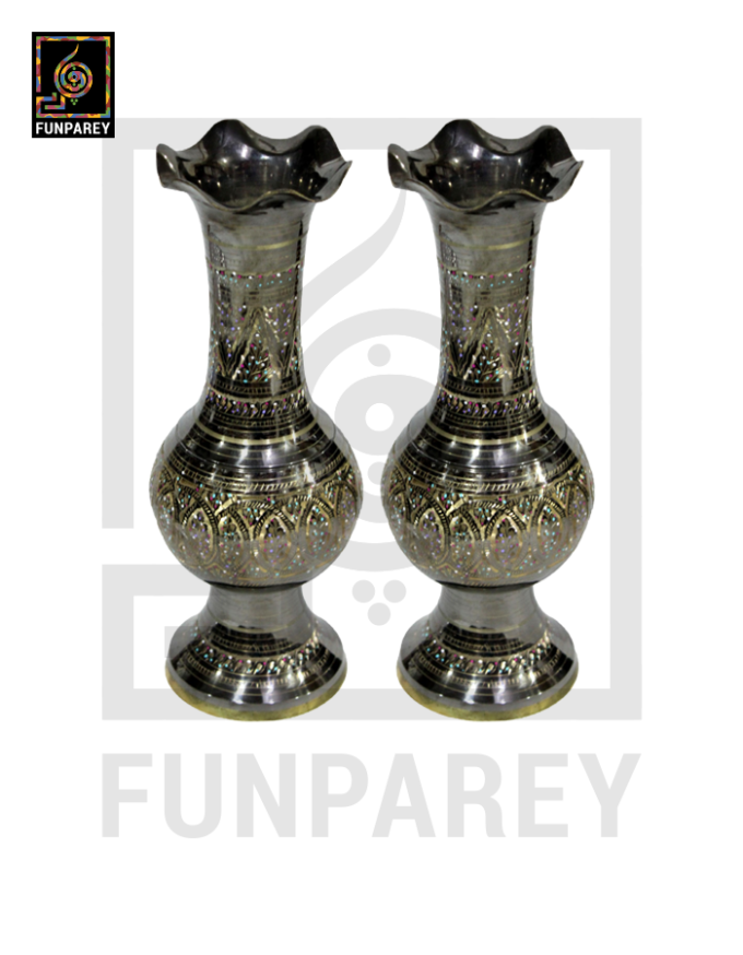 Handmade 14" Ample Throat Brass Vase Pair 'Opulent Jazzed'