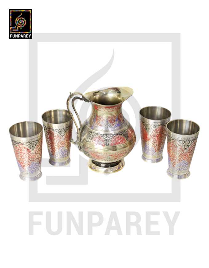 Handmade Antique Brass Jug Set with Colored Motif - Image 5