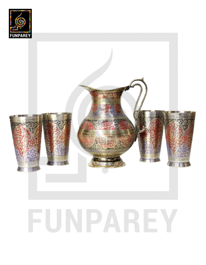 Handmade Antique Brass Jug Set with Colored Motif - Image 9