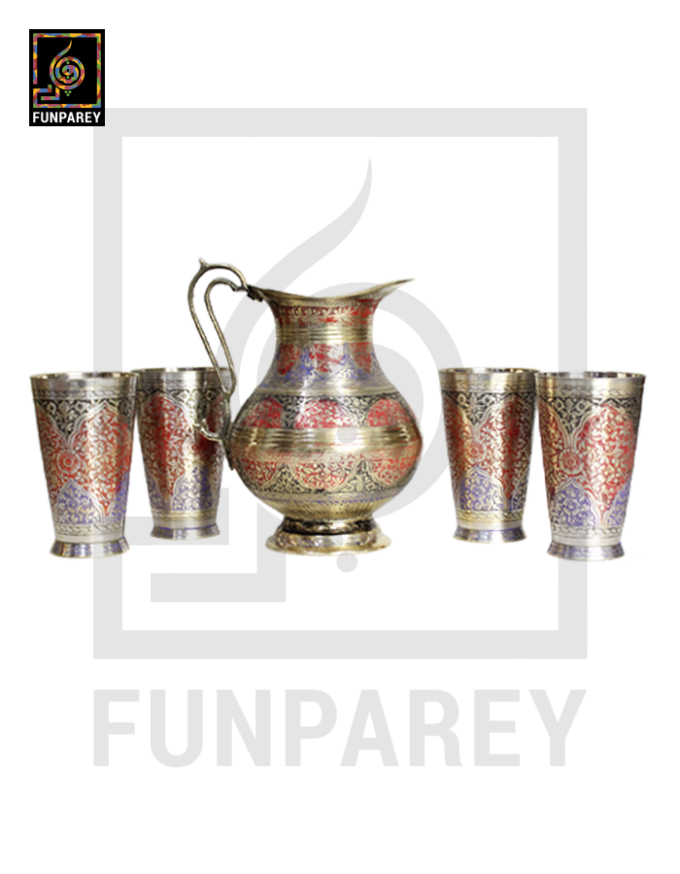 Handmade Antique Brass Jug Set with Colored Motif - Image 10