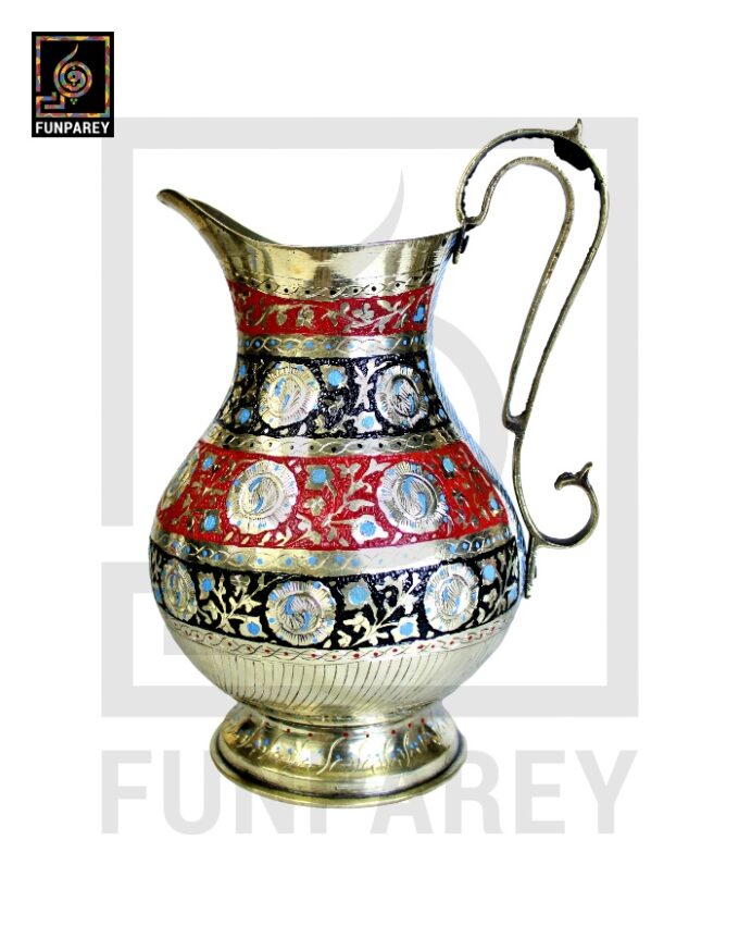 Handmade Antique Brass Jug Set with Colored Motif - Image 4