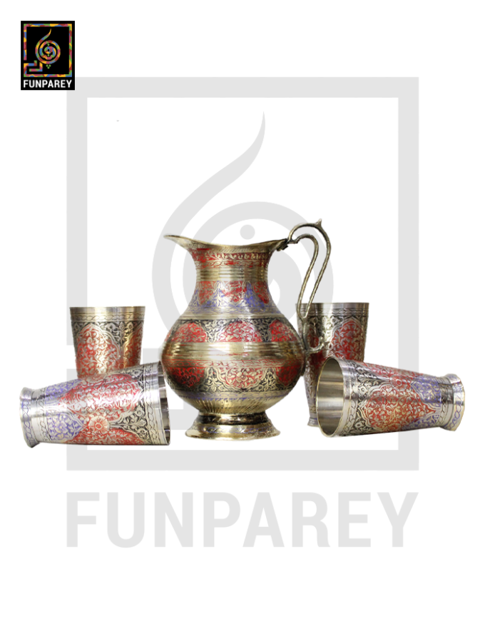 Handmade Antique Brass Jug Set with Colored Motif - Image 11