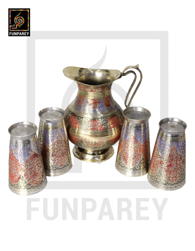 Handmade Antique Brass Jug Set with Colored Motif - Image 2