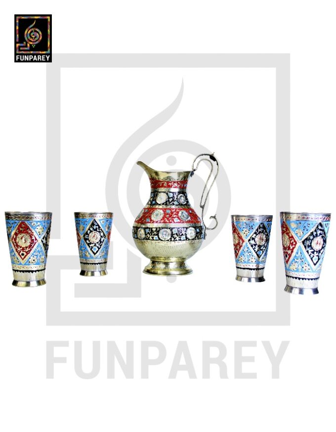 Handmade Antique Brass Jug Set with Colored Motif - Image 3