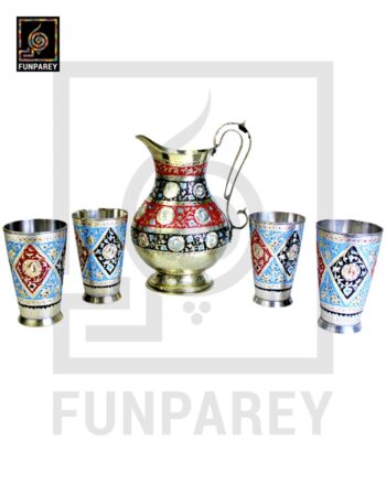 Handmade Antique Brass Jug Set with Colored Motif