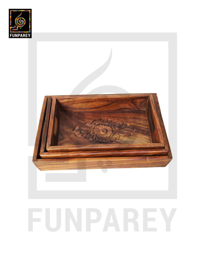Wooden Tray Set Distinct Carving - Image 3