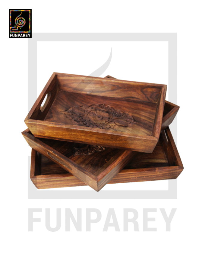 Wooden Tray Set Distinct Carving - Image 4
