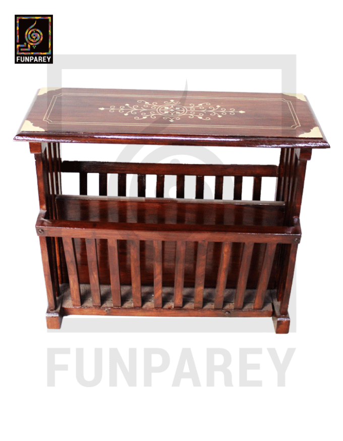 Handmade Wooden Magazine Rack 20" Rectangular with Brass Work - Image 2