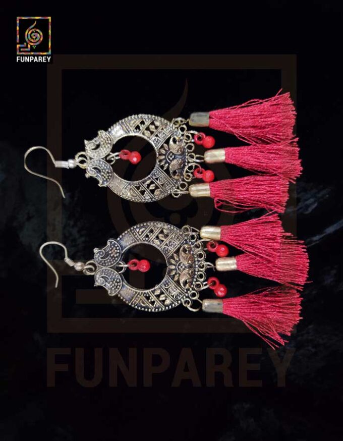 Tribal Oxidized Metal Golden Moon Earrings "Red Tussle" - Image 3