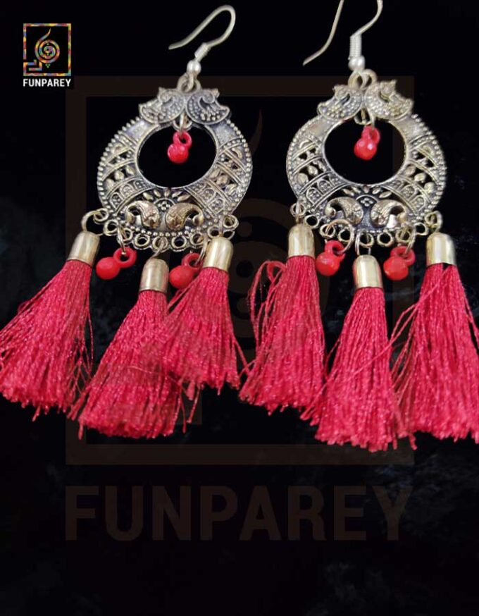 Tribal Oxidized Metal Golden Moon Earrings "Red Tussle" - Image 4