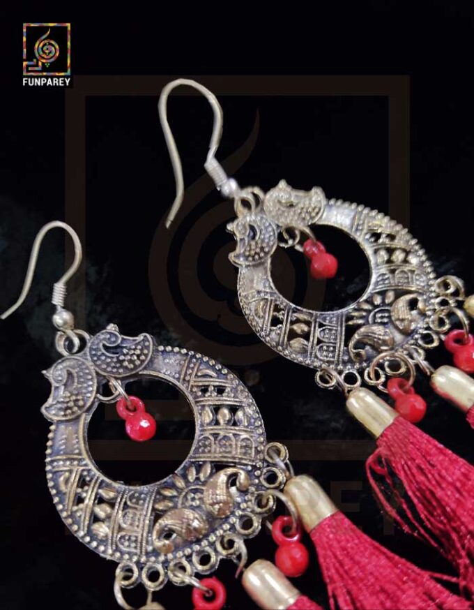 Tribal Oxidized Metal Golden Moon Earrings "Red Tussle" - Image 2