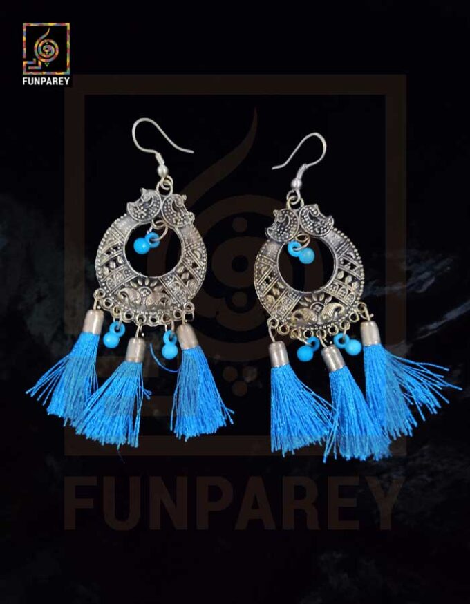 Tribal Oxidized Metal Golden Moon Earrings "Blue Tussle"