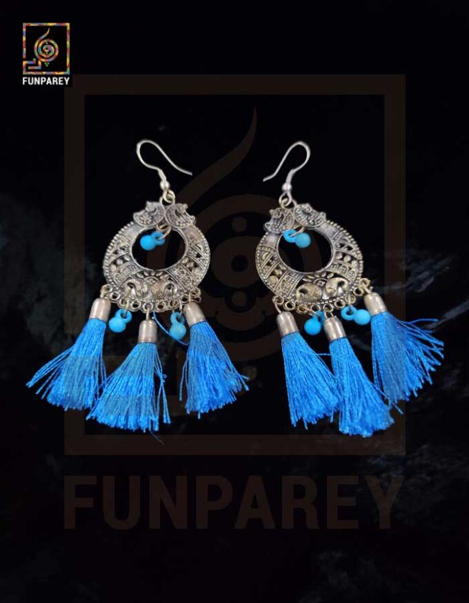 Tribal Oxidized Metal Golden Moon Earrings "Blue Tussle" - Image 3