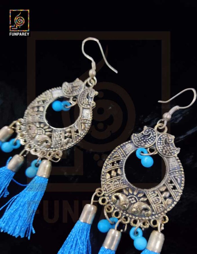 Tribal Oxidized Metal Golden Moon Earrings "Blue Tussle" - Image 2