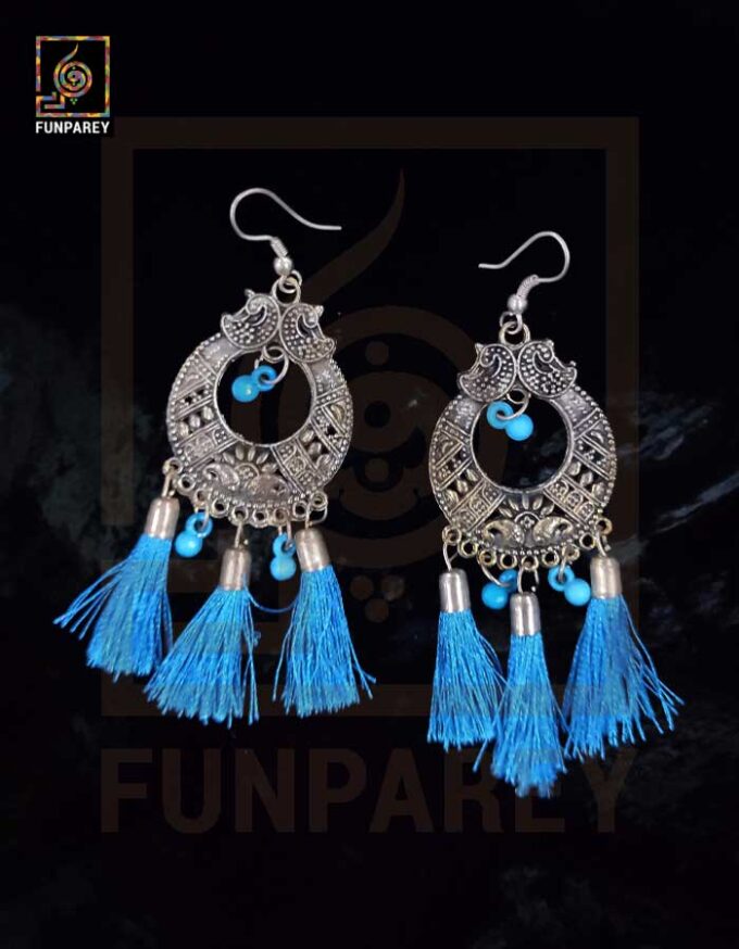 Tribal Oxidized Metal Golden Moon Earrings "Blue Tussle" - Image 5