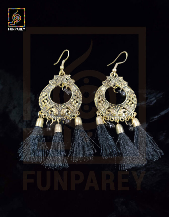 Tribal Oxidized Metal Golden Moon Earrings "Dark Tussle" - Image 3