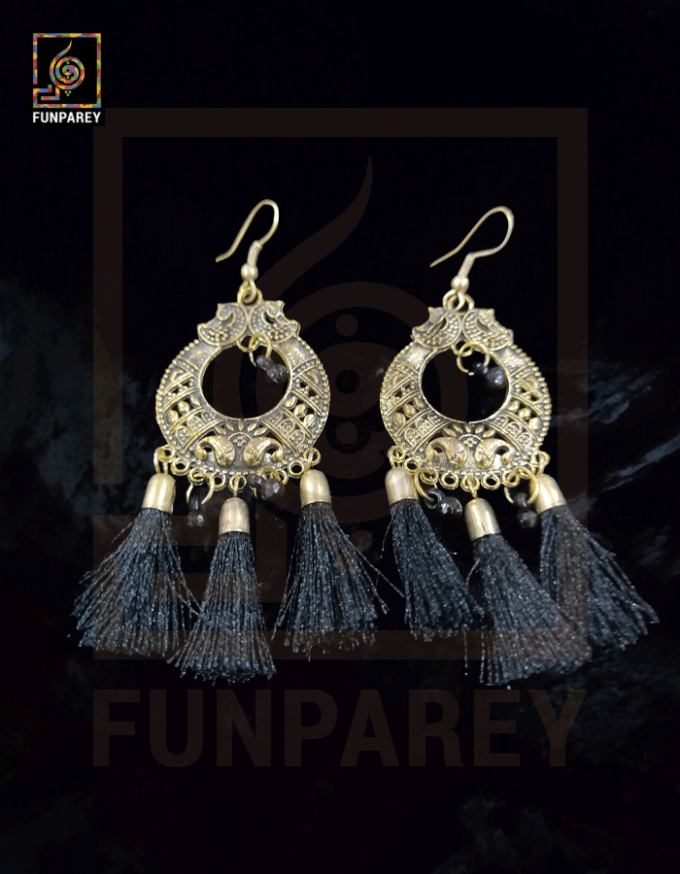Tribal Oxidized Metal Golden Moon Earrings "Dark Tussle" - Image 4