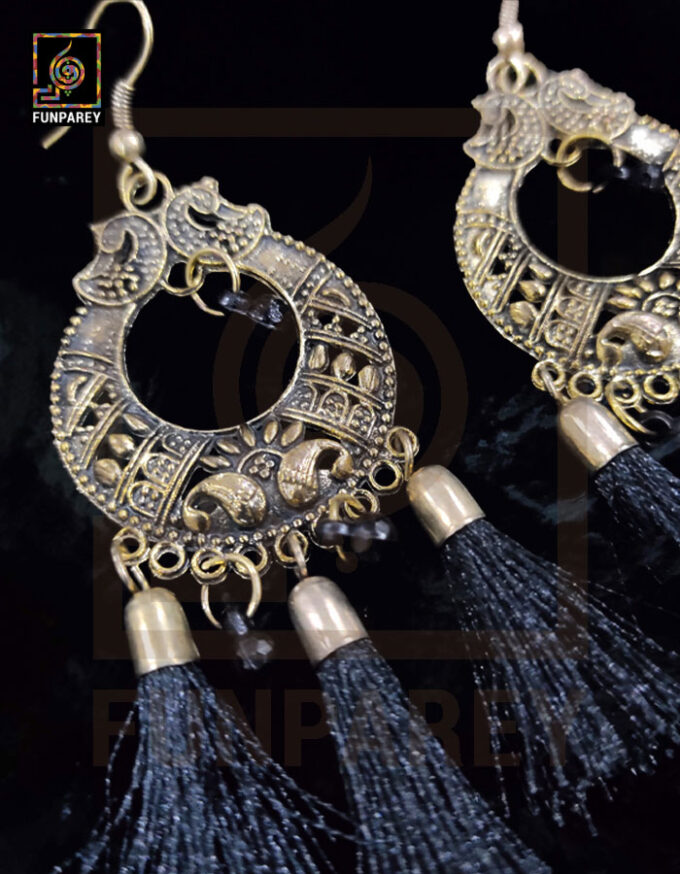 Tribal Oxidized Metal Golden Moon Earrings "Dark Tussle" - Image 2