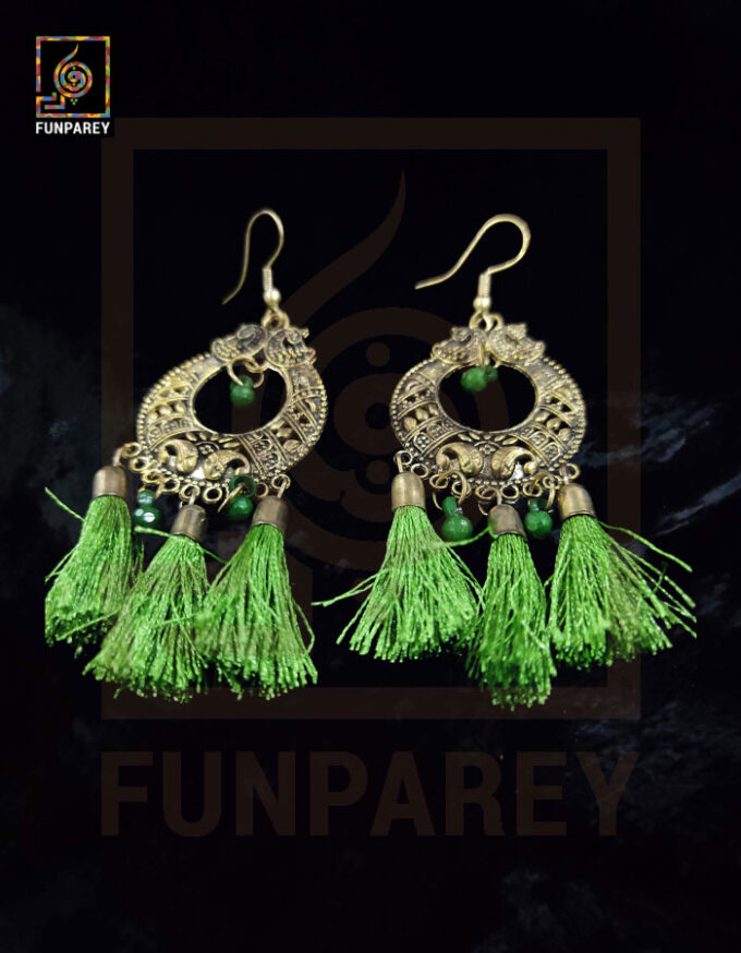 Tribal Oxidized Metal Golden Moon Earrings "Green Tussle" - Image 3
