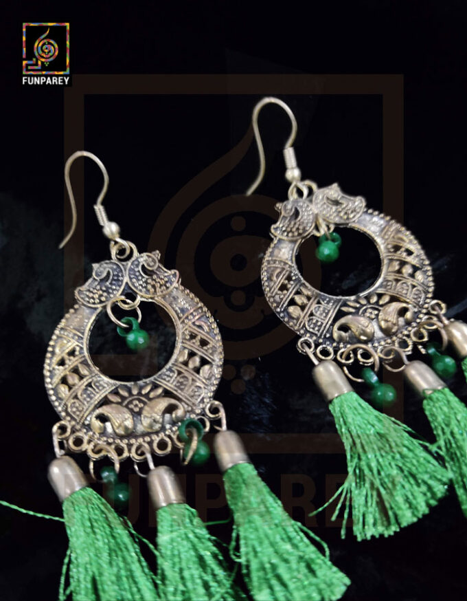 Tribal Oxidized Metal Golden Moon Earrings "Green Tussle" - Image 2